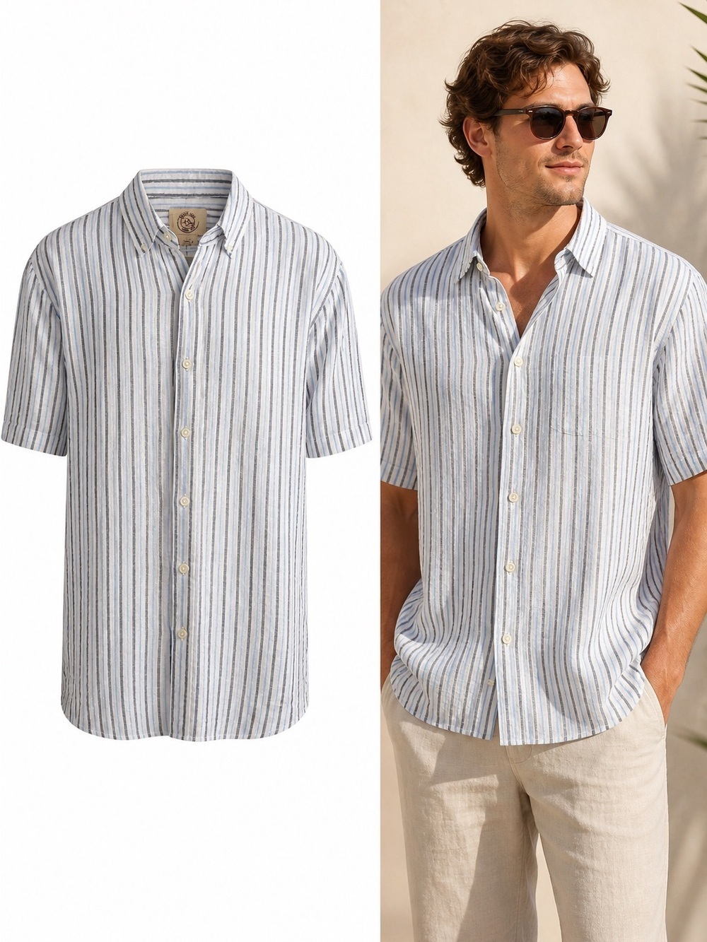 Panama Jack Button Down Shirt | Blue White Stripe Linen Blend | Short Sleeve